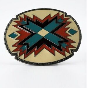 Vintage 1990 Siskiyou Belt Buckle Southwest Geometric Aztec Enamel Pewter USA